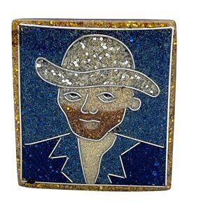 Vintage Vincent Van Gogh Artisan Handmade Art Square Brooch Pin Gold Blue Resin